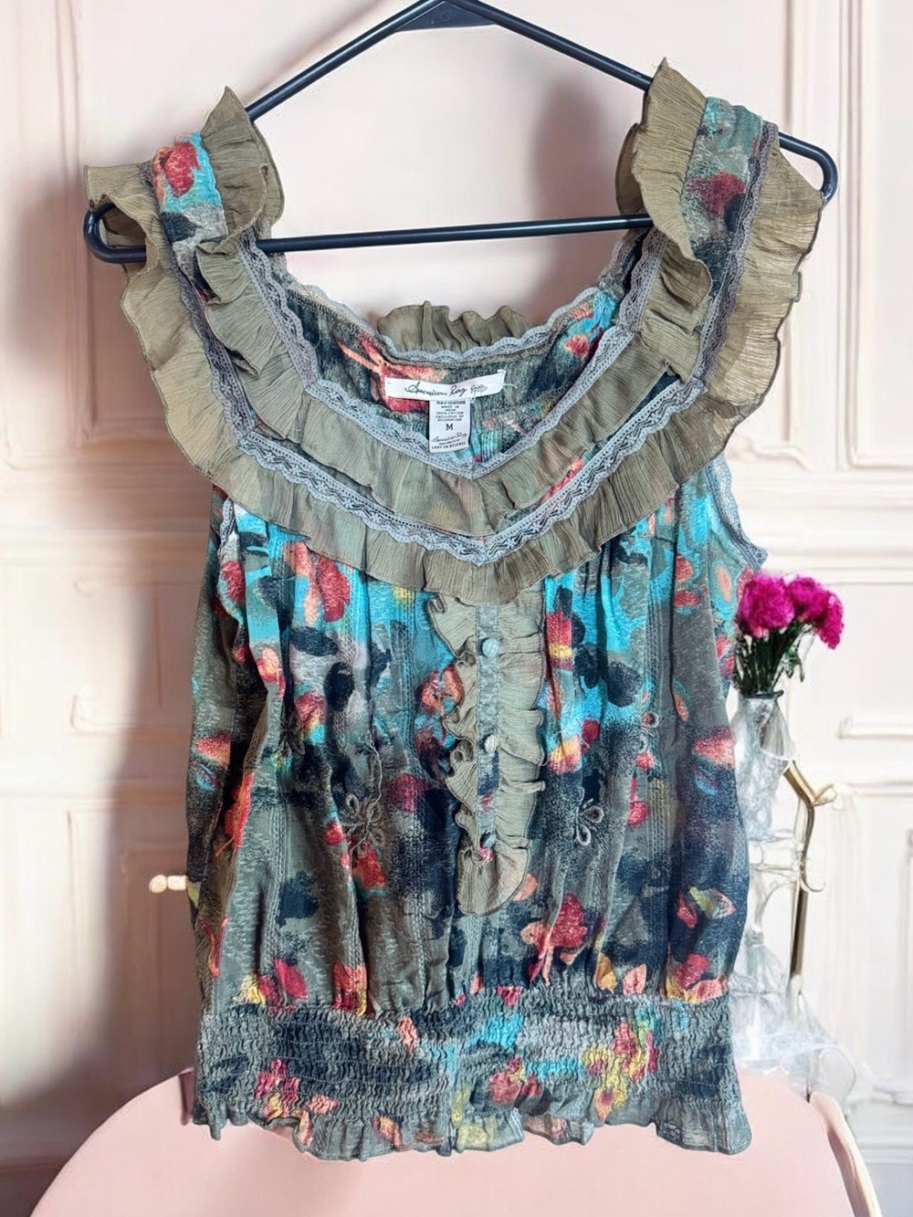 American Rag Olive Floral Ruffle Camisole with Teal & Coral